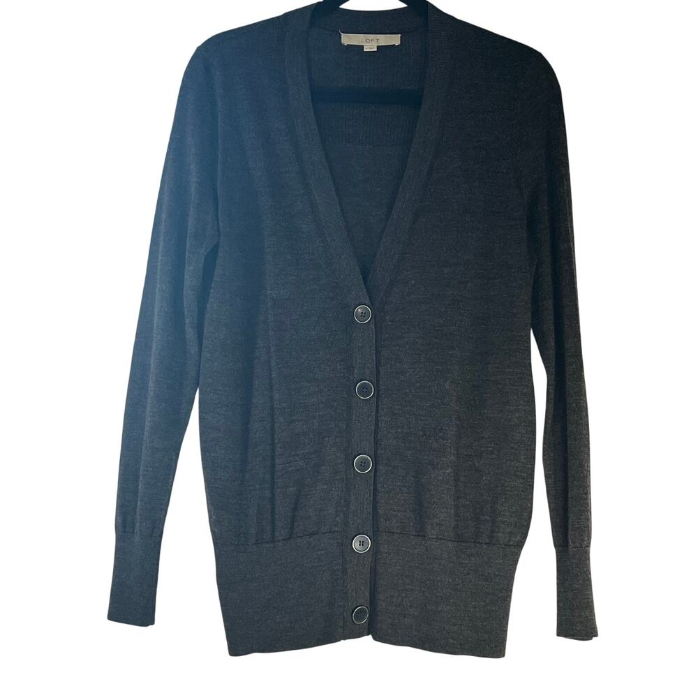 LOFT Charcoal Gray Lightweight V-Neck Button Front Cardigan Sweater Size M
